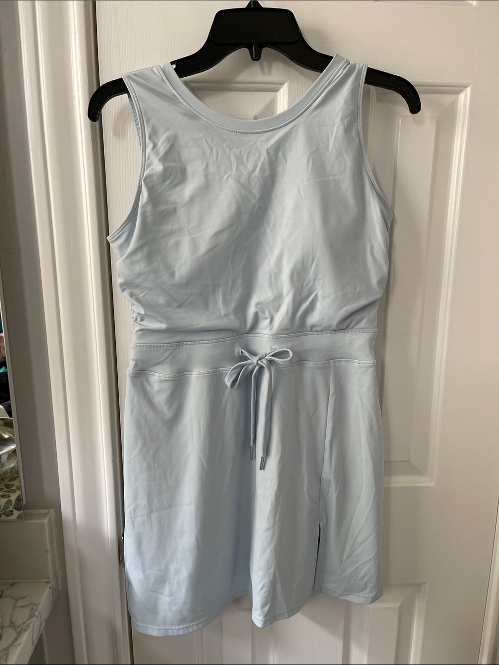 Women's Light Blue Drawstring Tank Workout Dress with shorts